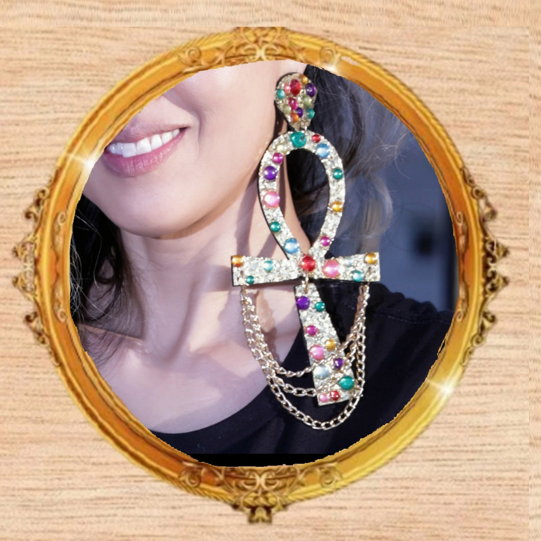 Gold Ankh necklace/ankh earrings/glitter glam necklace set
